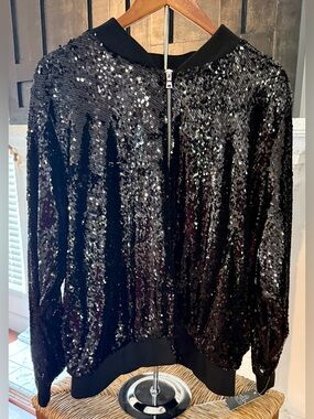 NWT Black Sequin Zip Front Bomber Jacket